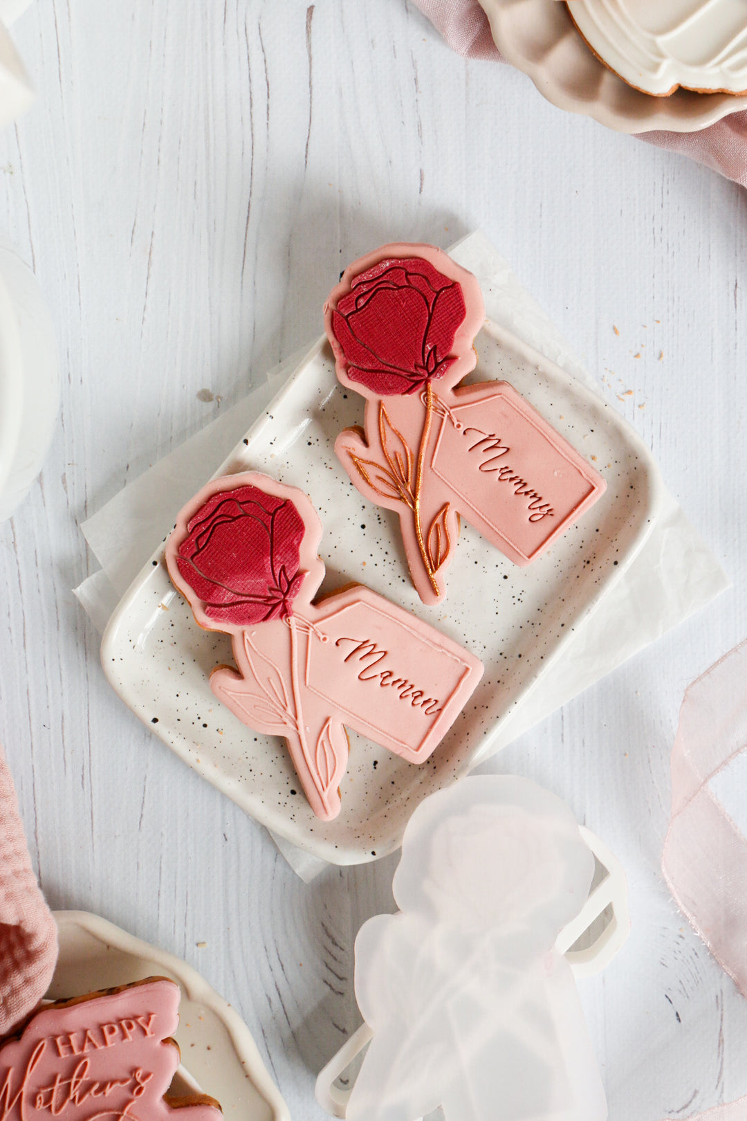 Rose and label stamp + cookie cutter